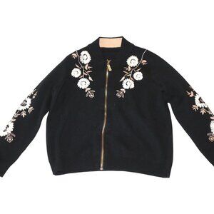 Floral Embroidered Zip Cardigan Black Bomber Grannycore Soft Classic